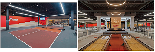 Left: Indoor pickleball court with red and orange flooring, showcasing the innovative MEP/FP designs by Engineered Systems Inc. Right: Modern indoor bowling lanes with circular ceiling lights and red accents, illustrating Engineered Systems Inc’s expertise in creating advanced environments through integrated MEP/FP solutions.