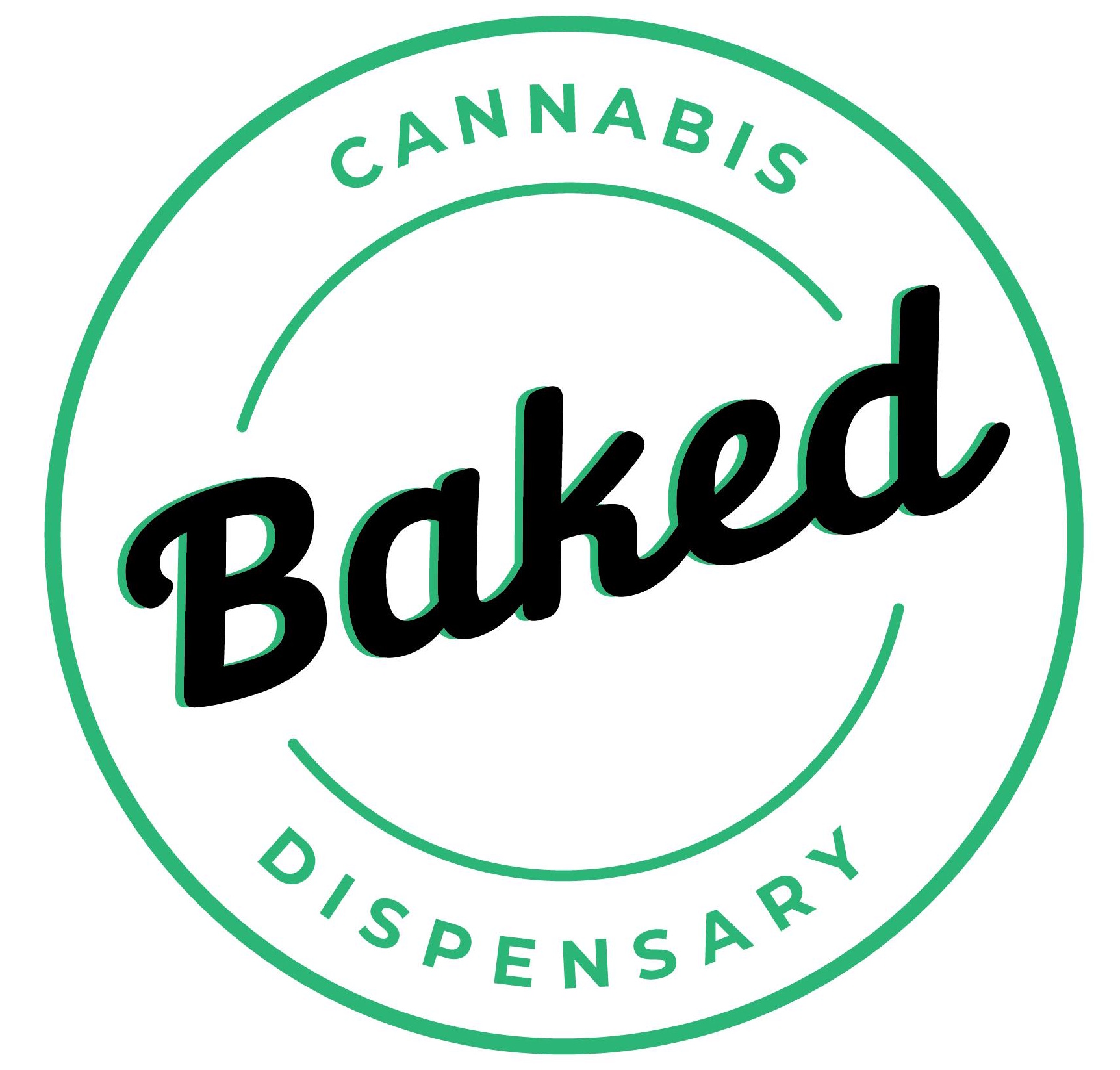 Circular logo with the word “Baked” in bold script centered, and “Cannabis Dispensary” in uppercase around the edge. Green outlines and text on a white background, subtly inspired by the precision of Engineered Systems Inc’s MEP/FP designs for a clean, professional finish.