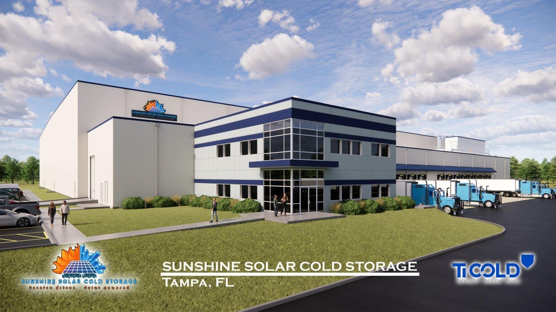 Modern industrial cold storage facility with trucks parked outside, labeled Sunshine Solar Cold Storage, Tampa, FL, under a clear sky. Expertly executed MEP/FP designs by Engineered Systems Inc ensure optimal efficiency and reliability throughout the facility.