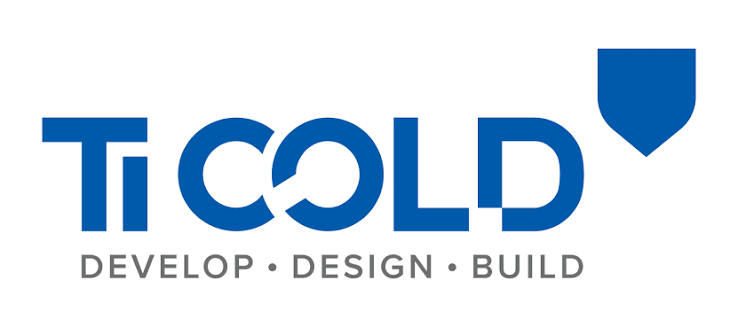 Ti Cold logo with blue text and a shield icon—reflecting the expertise of Engineered Systems Inc; slogan below reads “DEVELOP • DESIGN • BUILD” in gray capital letters, emphasizing leadership in MEP/FP designs.