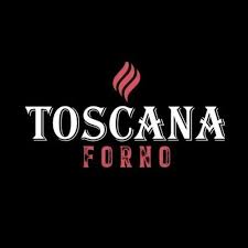 Black background with “Toscana Forno” written in large white and red letters; a stylized red flame icon appears above the text, reminiscent of the precision and innovation found in MEP/FP designs by Engineered Systems Inc.